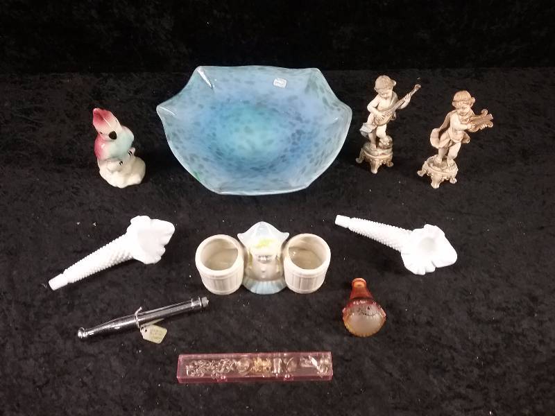Lot - Vintage Venetian Bowl, Dutch Planter, Charm Bracelet, Epergne Horns, etc