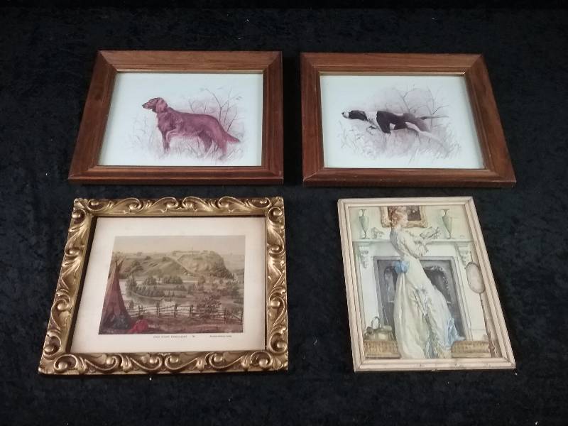 Lot - Vintage Picture wReversible Mirror, Framed Dog Prints, Old Fort Snelling Print