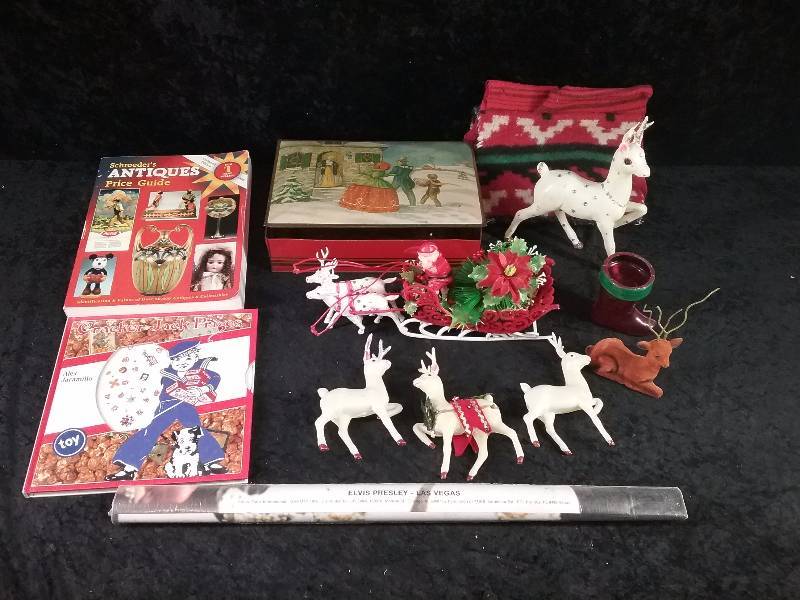 Lot - Vintage Christmas Items, Tin, Cracker Jack Book, Elvis Presley Poster