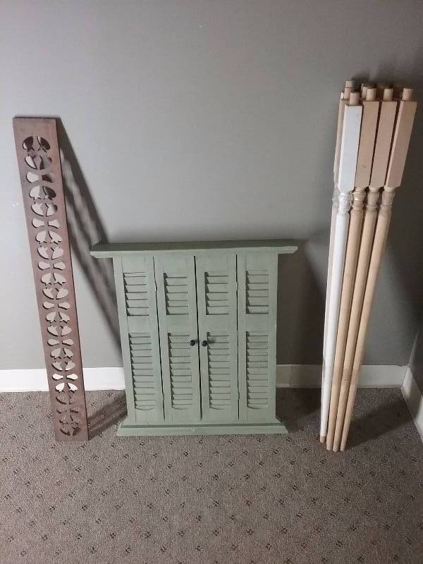 Lot - Window Pane Mirror Wall Dcor (25x22), Wood Legs (40), Carved Wood Panel (38)