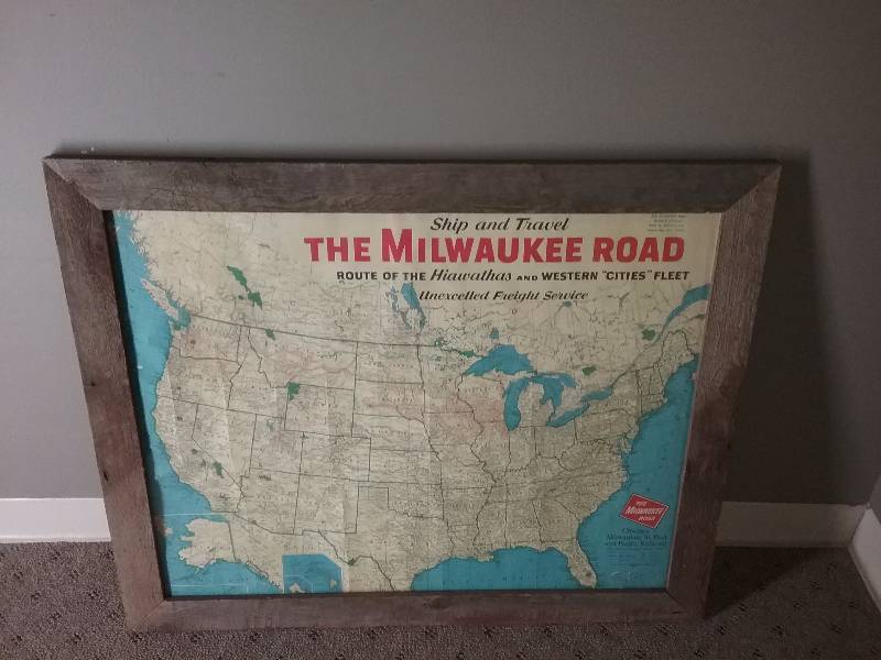 Framed Milwaukee Road RR Map, 35x29