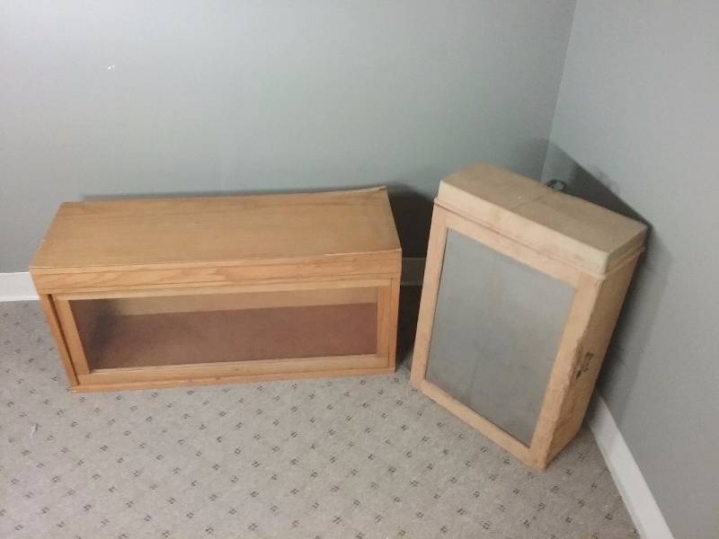 Lot - Solid Wood Hanging Cabinet wTin Door 24x16x7, Cabinet with Glass Door 24x11x16