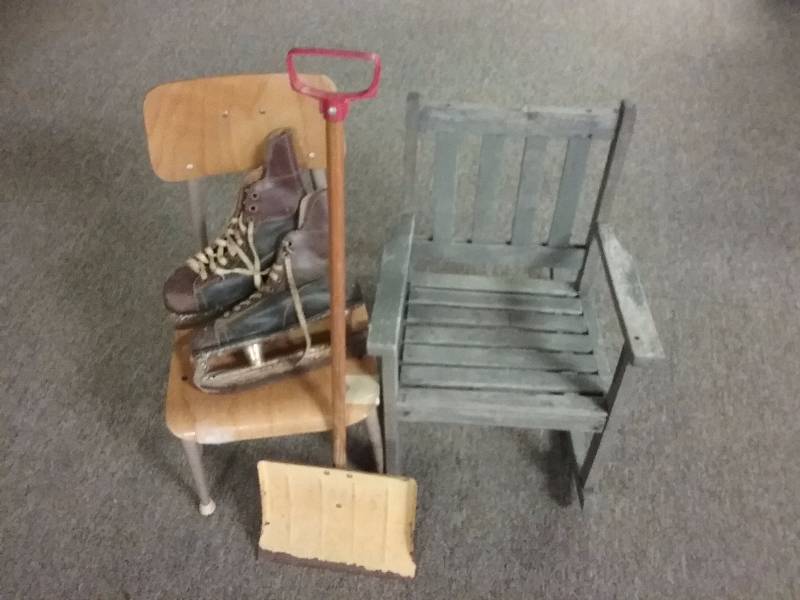 Lot - Wood Childs Rocker, Childs Desk Chair, Vintage Metal Childs Shovel, Ice Skates