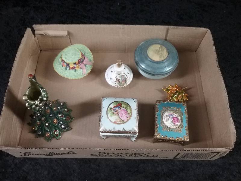 Lot - Misc Dresser Top Trinket Boxes, Some handpainted. Metal Washington DC Container, Metal Peacock Candleholder, etc