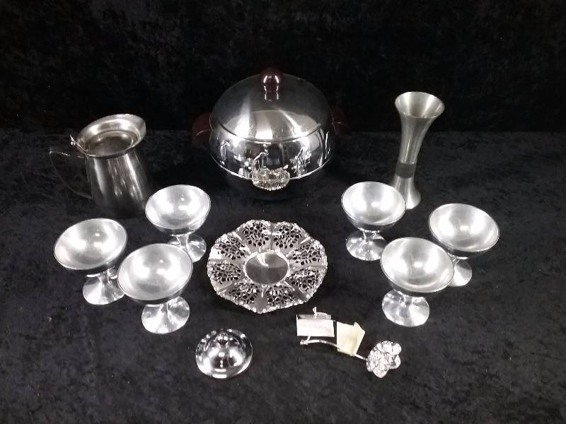 Lot - Vintage West Bend Penquin HotCold Server, Harvey Alum Sundae Dishes, Vollrath SS Pitcher (Japan), etc