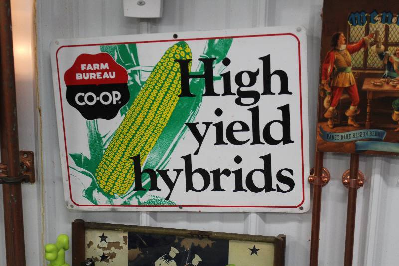 lot 143 image: Farm Bureau Co-Op High Yields Hybrids Corn Metal Sign