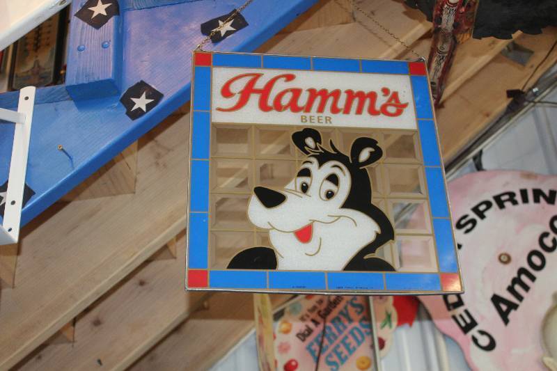 lot 265 image: 1989 Hamms Beer Bear Glass Sign