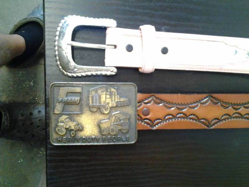 lot 10 image: 2-Belts, Ladies Tony Lama Pink Jeweled Leather Belt Size 36 & Tooled Leather Belt With Fram Buckle Size 36