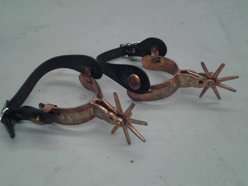 lot 21 image: Pair Of Hand Crafted Copper Tooled Spurs