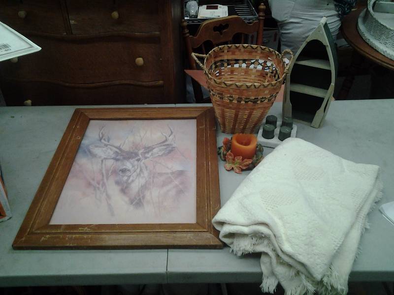 lot 40 image: Deer Picture Basket, Candles, Throw Blanket