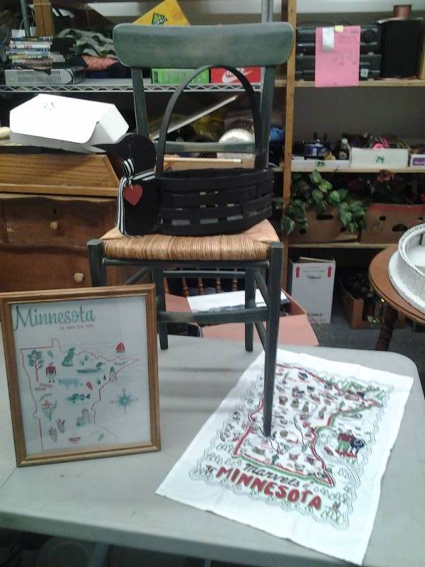 lot 42 image: Wood Chair With Woven Seat, Loon Basket, Minnesota Picture & Dish Towel