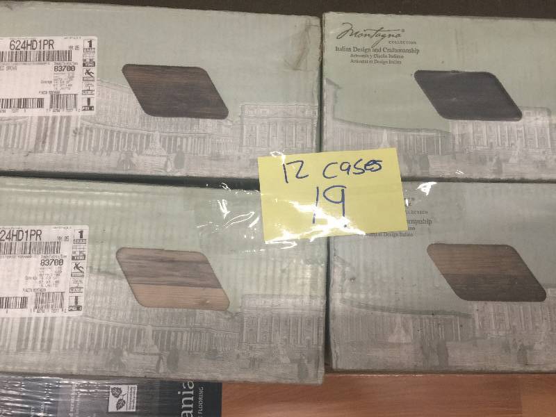 lot 19 image: MARAZZI Montagna Wood Weathered Brown 6 in. x 24 in. Porcelain Floor and Wall Tile (14.53 sq. ft.  case) 12 cases open box never used Model # ULS3624HD1PR