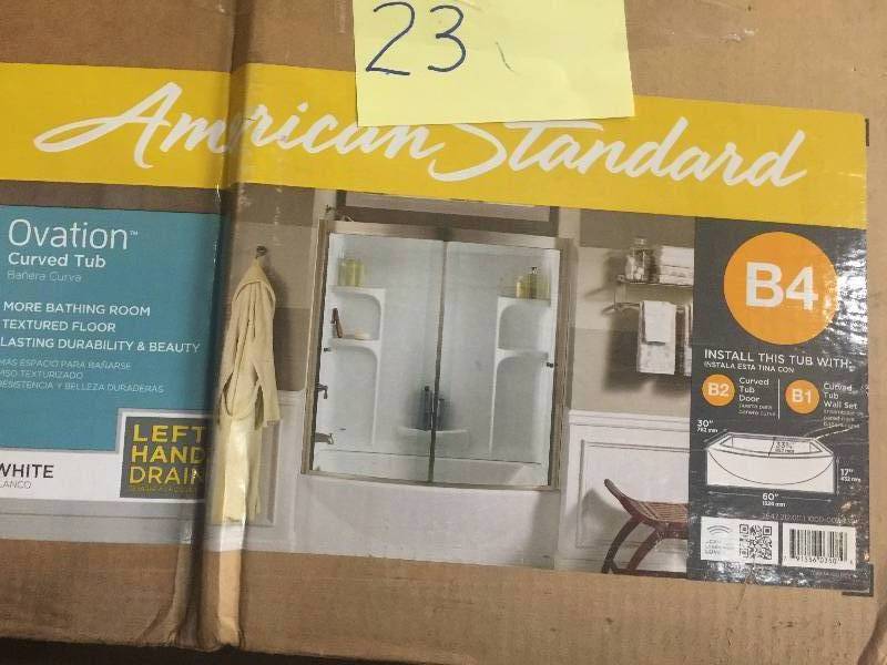 lot 23 image: American Standard Ovation 5 ft. Left Hand Drain Bathtub in Arctic White open box never used Model # 2647.212.011