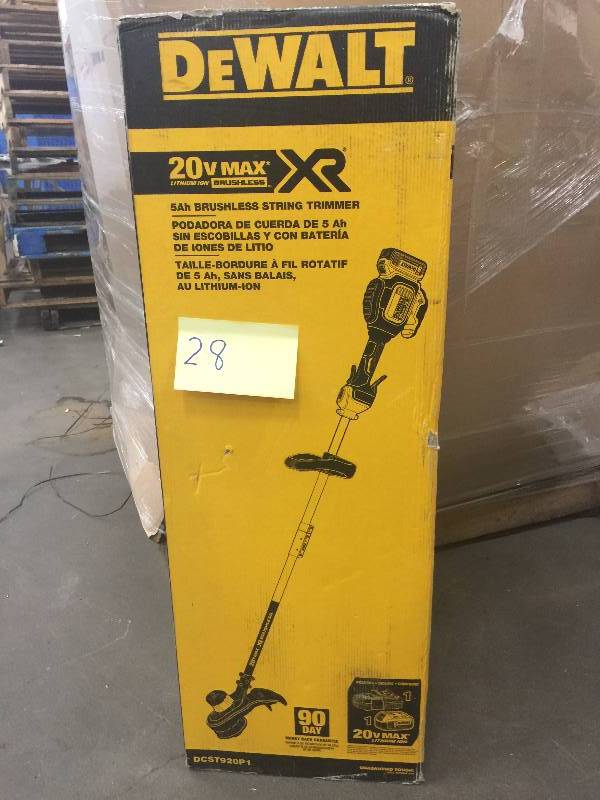 lot 28 image: DEWALT 13 in. 20-Volt MAX Lithium-Ion Cordless Brushless Dual Line String Grass Trimmer with 5.0Ah Battery and Charger Included open box never used