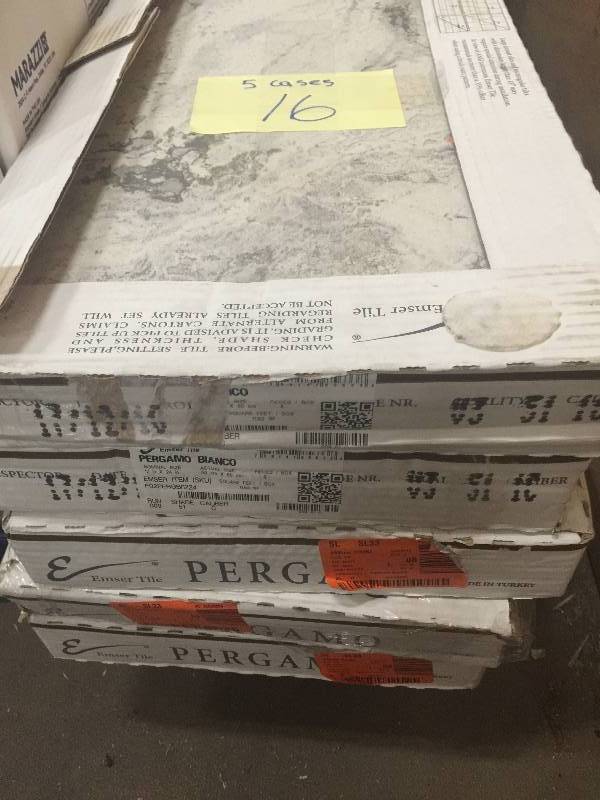 lot 16 image: Emser Pergamo Bianco 12 in. x 24 in. Porcelain Floor and Wall Tile (11.64 sq. ft.  case) 5 cases open box never used Model # 1187541