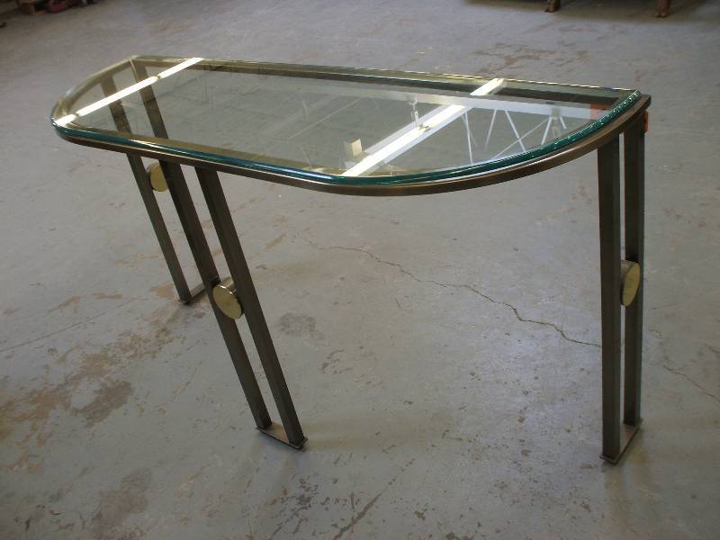 ANTIQUED BRASS AND GLASS SOFA TABLE