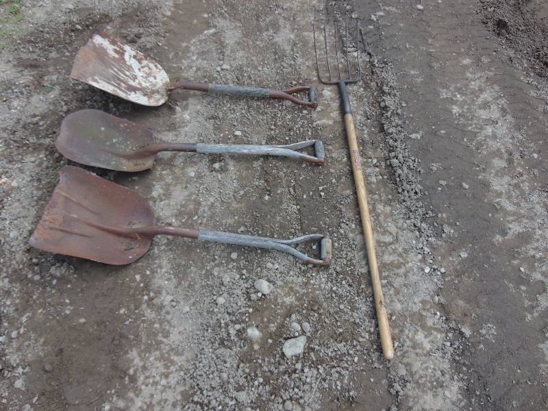 lot 157 image: (3) Metal Shovels and (1) Pitch Fork