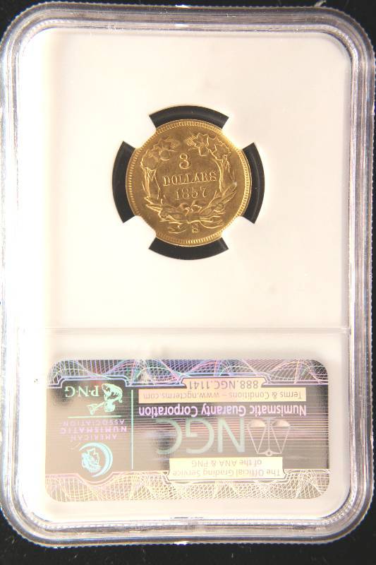 1857-S US $3 GOLD XF DETAILS NGC (PCGS SURVIVAL ESTIMATES 550 IN ALL GRADES)