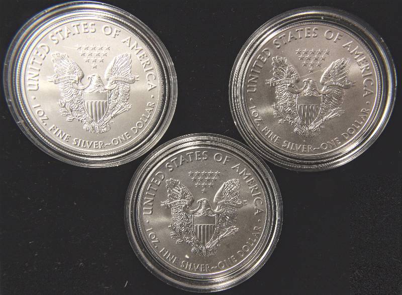 GROUP OF 3 SILVER AMERICAN EAGLES IN AIRTITE HOLDERS  2016 X 3