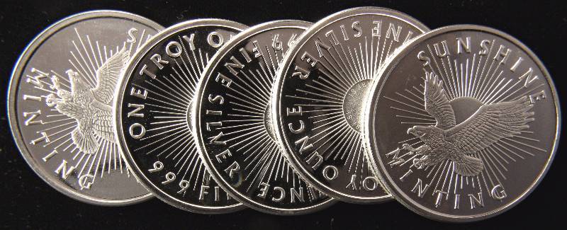 GROUP OF 5 SUNSHINE MINT 1 TROY OZ .999 FINE SILVER ROUNDS