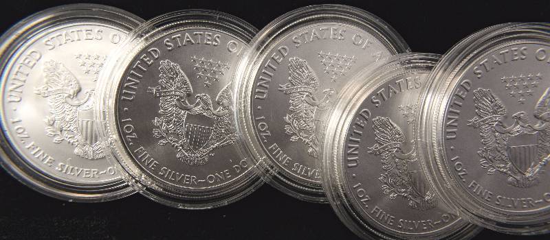 GROUP OF 5 SILVER AMERICAN EAGLES IN AIRTITE HOLDERS  (3)2015, 2003 & 2008