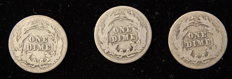 GROUP OF 3 SILVER BARBER DIMES 1908, 1910 & 1913