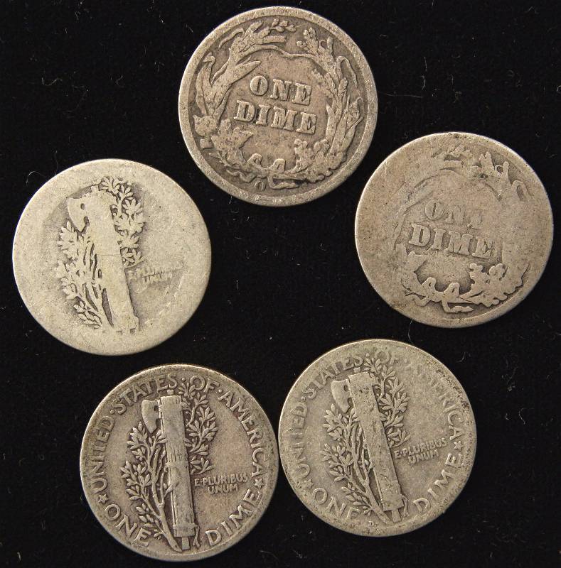 GROUP OF 5 SILVER US DIMES (2) BARBER & (3) MERCURY