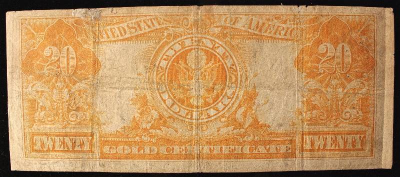 1922 LARGE SIZE US GOLD CERTIFICATE $20 IN GOLD COIN VG