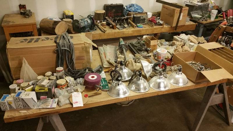 lot 38 image: Table FULL of Fasteners, Grind Wheels, Lights, Tracks, Etc.