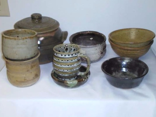 lot 9 image: Clay Stone Crock Lot (10) Earth tones, Covered Crock and more