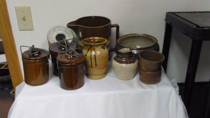 lot 10 image: Clay Stone Crock Lot (10) Earth tones, Covered Crocks, Pitcher and more