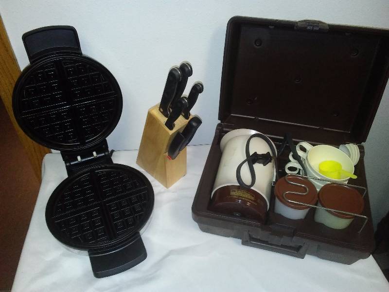 lot 124 image: Travel Coffee Maker, Belgium Waffle Maker and Small Butcher Block Knife Set