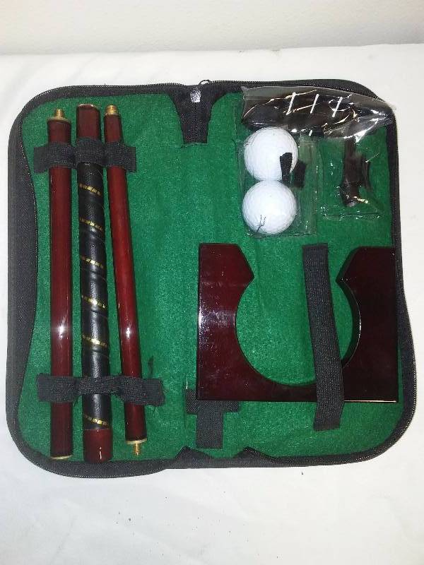 lot 139 image: Compact Golf Putter Case and Club, wood with brass fittings, never used