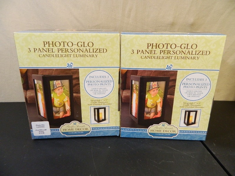 lot 92 image: 2 New Photo Glo 3 Panel Personalized Candlelight Luminaries