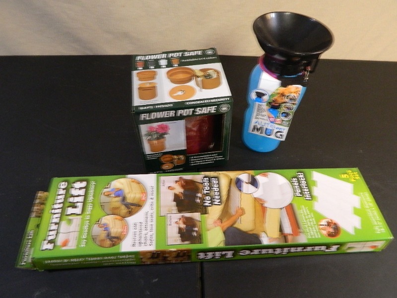 lot 123 image: New Furniture Lift, New Dog Water Bottle, and Safe