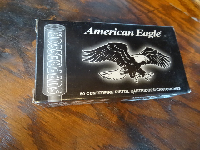 American Eagle 9mm Luger 124 grain FMJ subsonic supressor. AE9SUP1. 50 bullets per box. 1 box