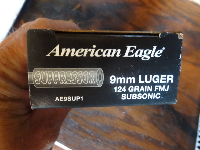 American Eagle 9mm Luger 124 grain FMJ subsonic supressor. AE9SUP1. 50 bullets per box. 1 box