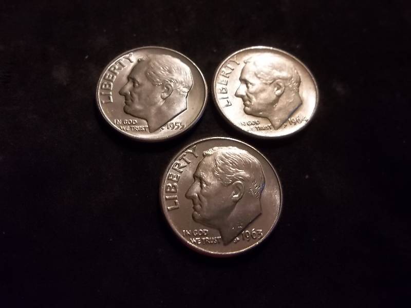 1955 S, 1963 D, 1964 Roosevelt Dimes