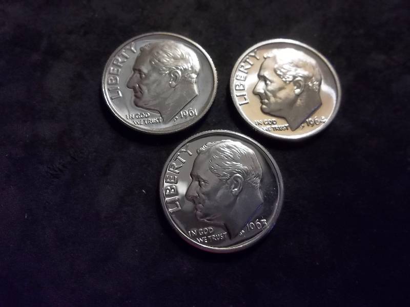 1961, 1963, 1964 Proof Roosevelt Dimes Unc