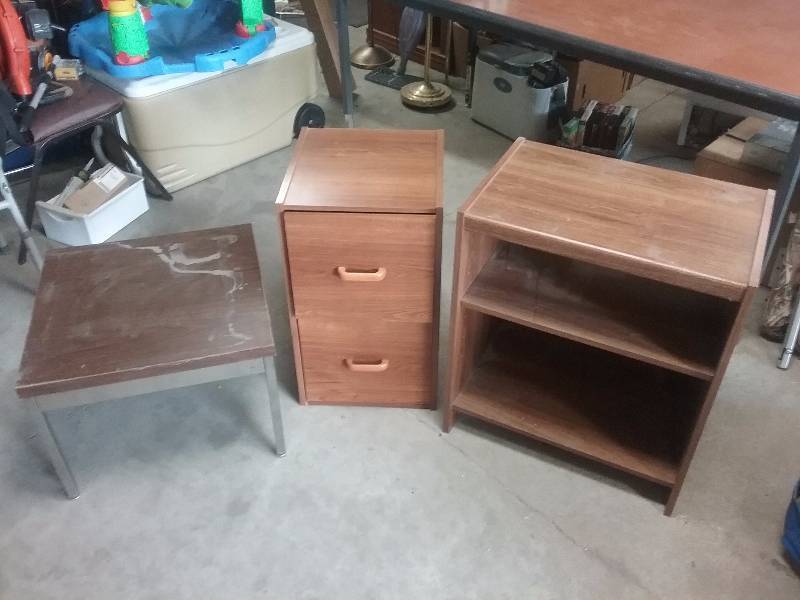 lot 27 image: Lot - Heavy Duty Small Square Table, File Cabinet, Shelving Unit