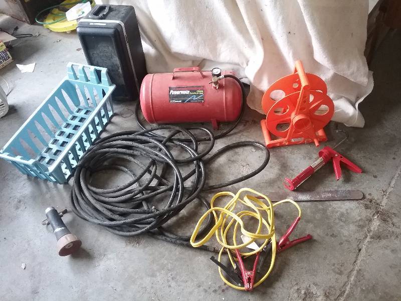 lot 43 image: Lot - Powermate 5 Gallon Air Tank, Reel, Battery Cable, Etc