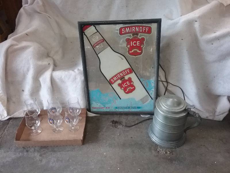 lot 87 image: Lot - Smirnoff Lighted Sign (nonworking), Stein Ice Bucket, Misc Glassware
