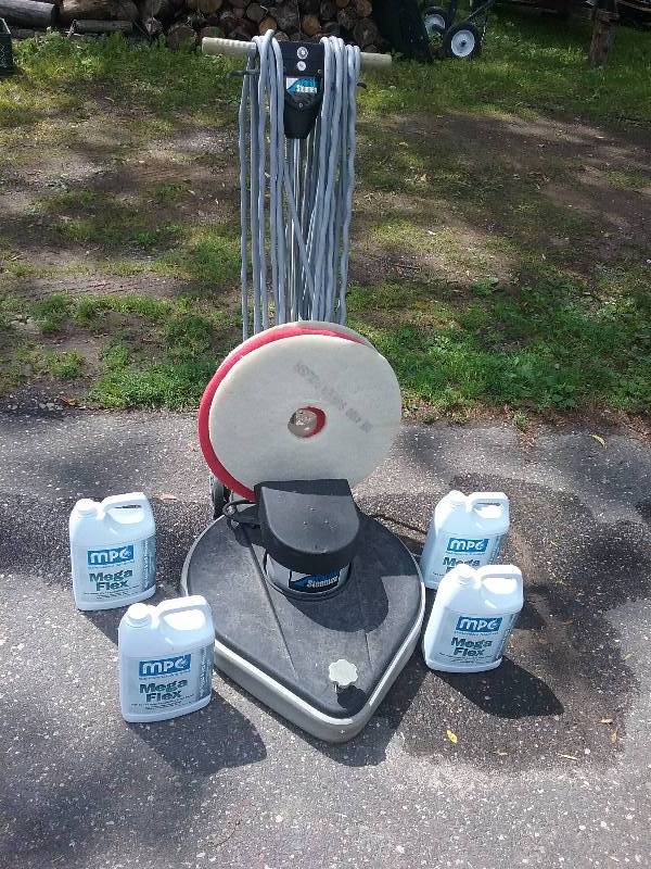lot 120 image: Pacific Steamex Floor High Speed Buffer (works good), Extra Pads, & Floor Finish (3 are full jugs)