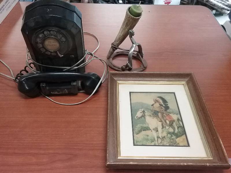 lot 155 image: Lot - Vintage Wall Phone, HorseshoeHorn Candleholder, Native American Print