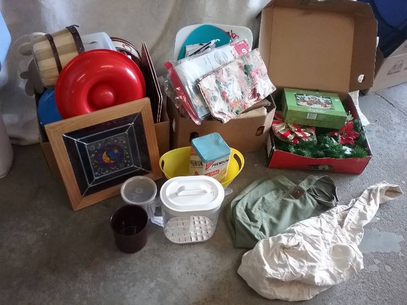 lot 200 image: Misc Household - Linens, Iron Board Cover, Tins, Containers, Bowls, etc