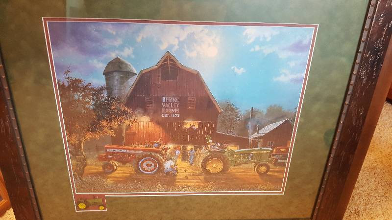 lot 142 image: Framed Dave Barnhouse Springvalley Farms Barn, John Deere & International Tractors, National Wildlife Turkey Federation, 32x28