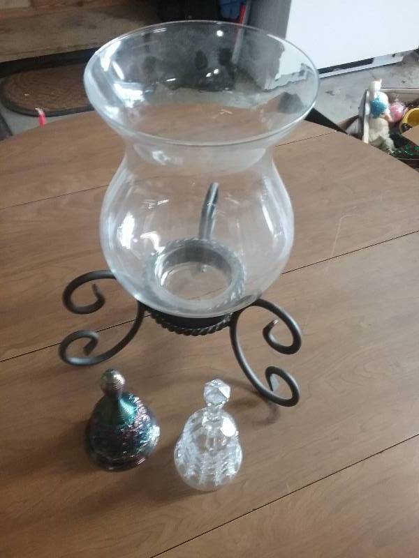 lot 191 image: Lot - Large MetalGlass Candleholder (16h), Fenton Canival Glass Bell, Glass Bell