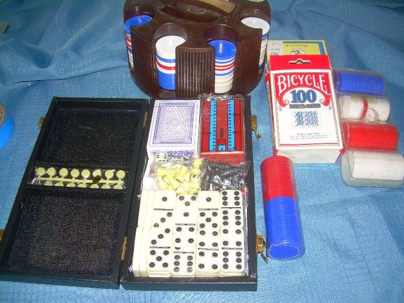 LOTS OF POKER CHIPS DICE CARDS , ETC.