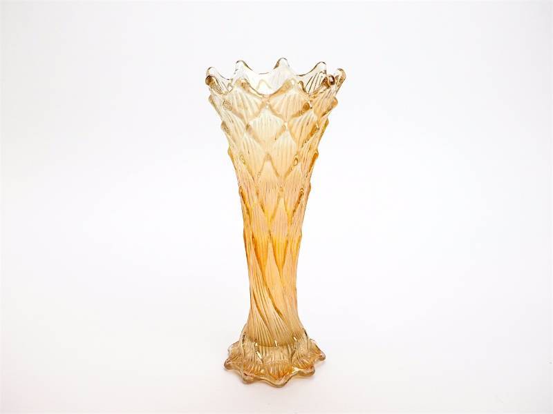 lot 26 image: Dugan lined lattice Vase,  ImperialJeanette Tree bark marigold covered candy,   Imperial Curled Rib marigold JIP Vase