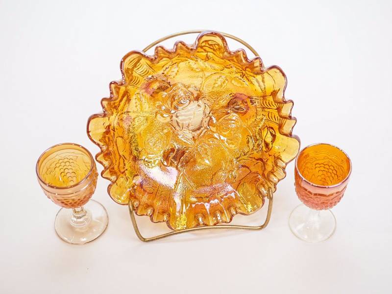 lot 28 image: (2) Marigold Wine Glasses, Imperial Glass Open Rose bowl